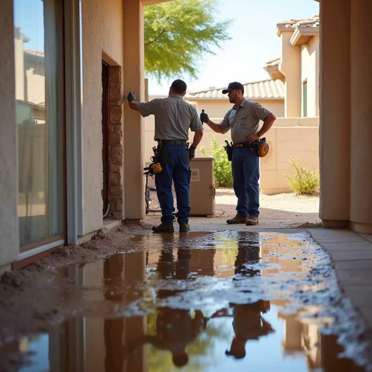 Burst pipe emergency cleanup crew drying a water-damaged wall in a Tempe, AZ home