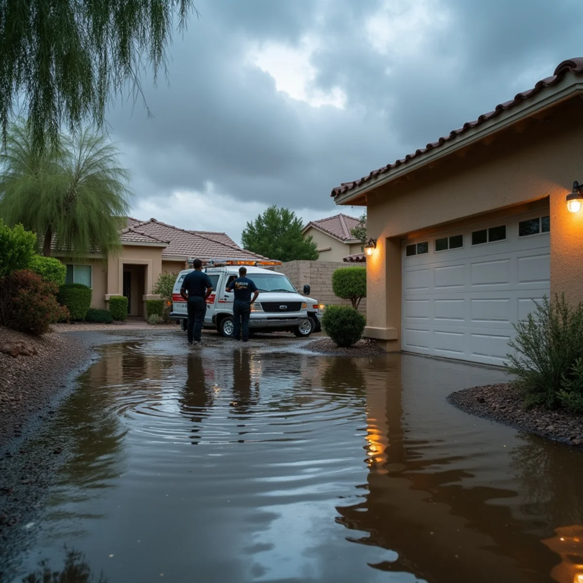 Water-stained, bulging ceiling from a monsoon roof leak in a Scottsdale, AZ home
