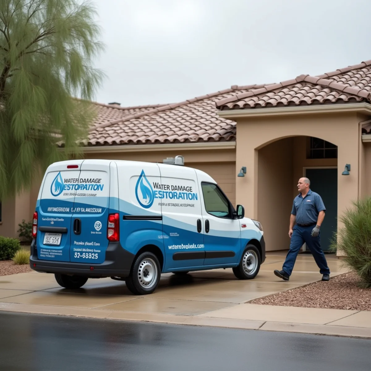 Water damage restoration crew serving a Chandler, AZ stucco home in the Ocotillo lake community