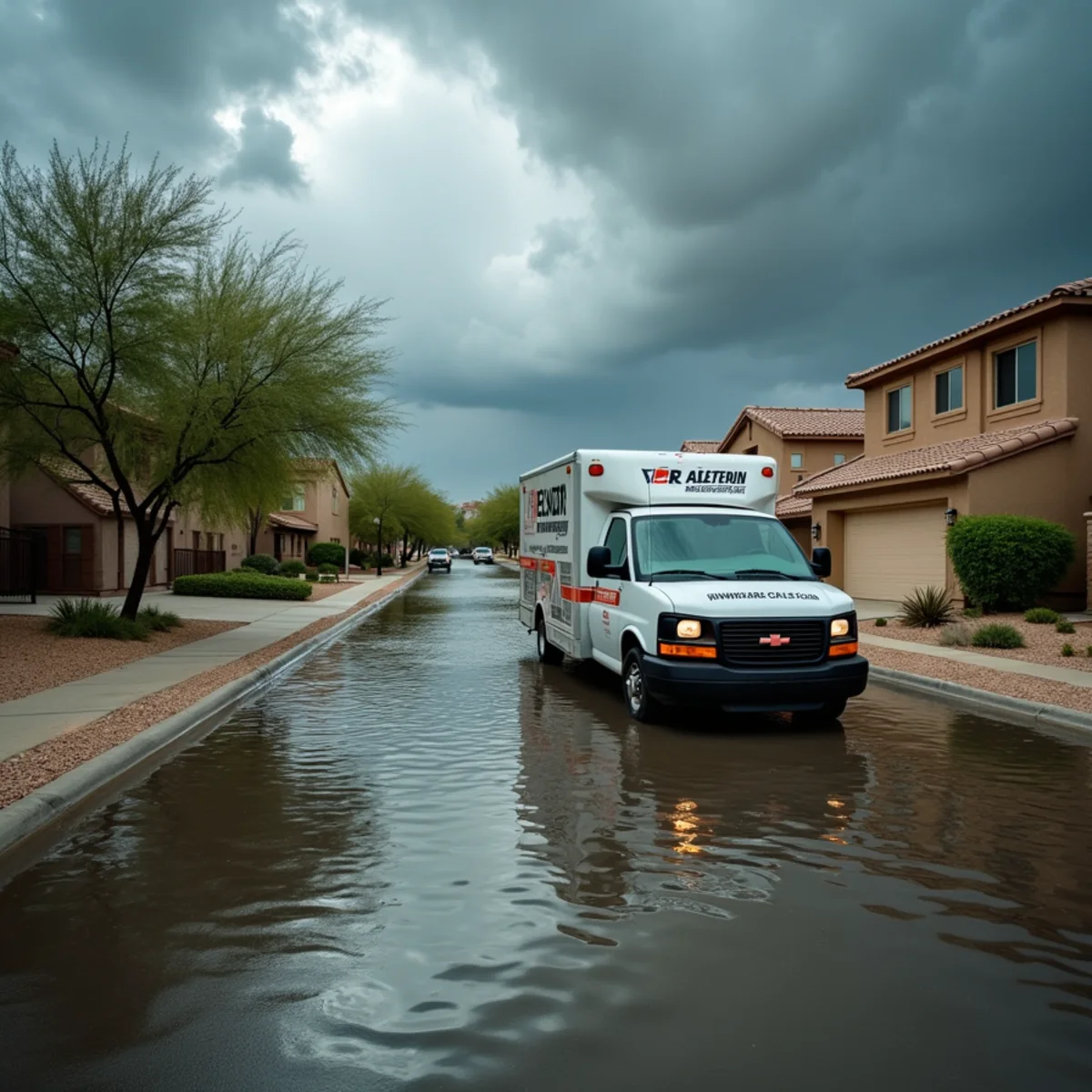 Water damage restoration crew drying a Mill Avenue commercial storefront in downtown Tempe, AZ