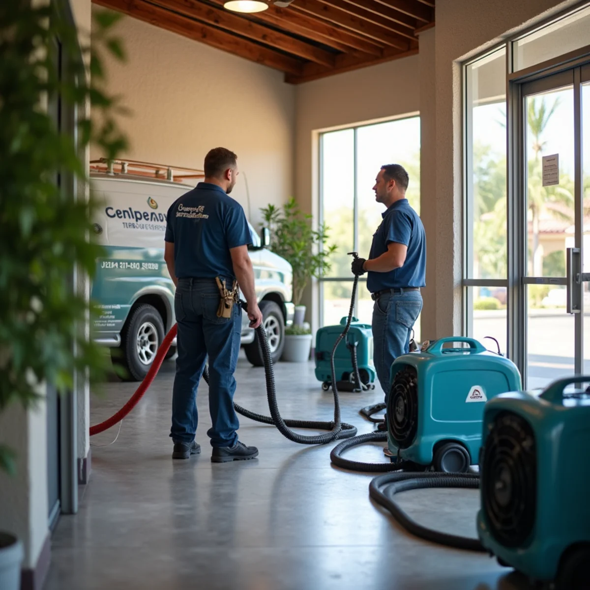 Commercial water damage restoration crew drying a flooded Tempe, AZ office near Mill Avenue