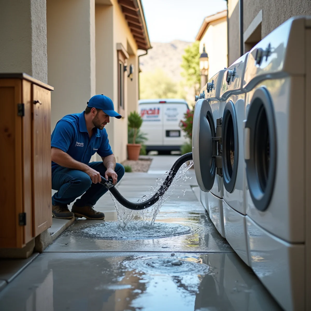 Technician checking for a hidden dishwasher leak under kitchen cabinets in a Tempe, AZ home