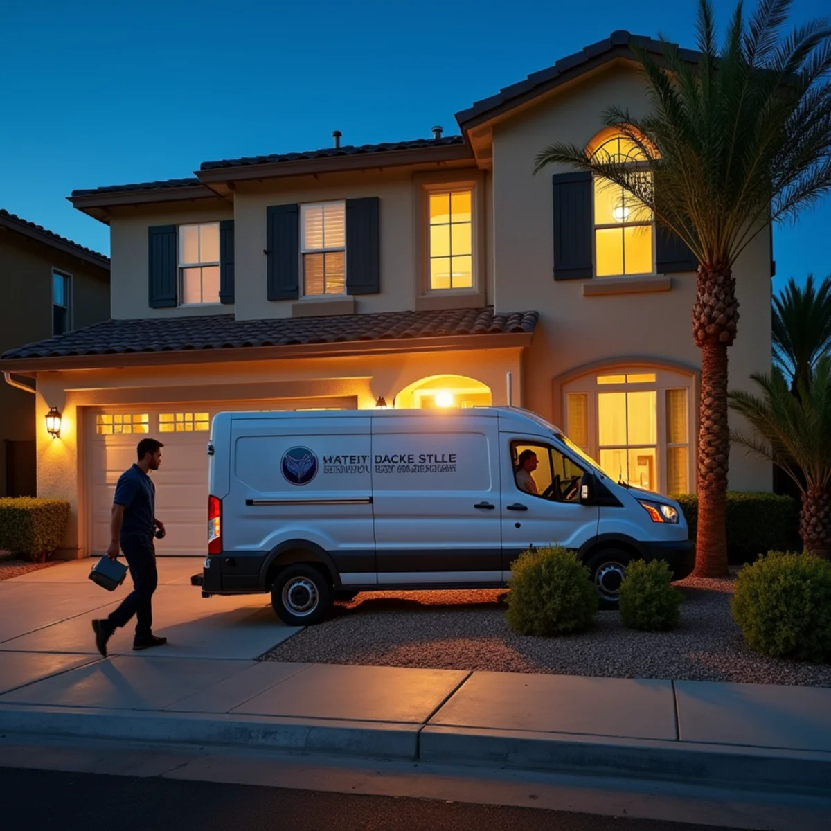 Emergency water removal crew extracting standing water from a Tempe, AZ home at night