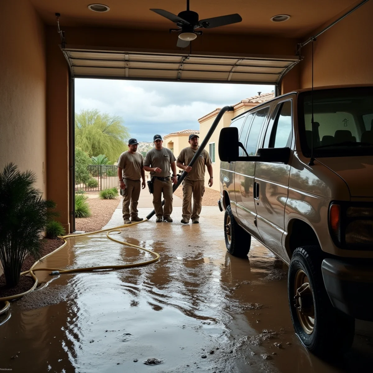 Crew pumping out monsoon flood water from a Tempe, AZ home after a storm