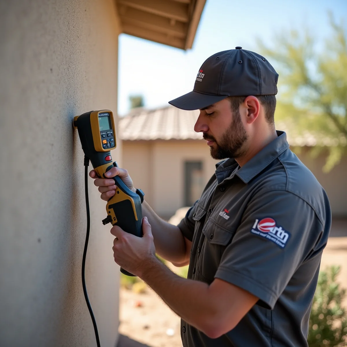 Technician using a moisture meter and thermal camera to map a wall in a Tempe, AZ block home