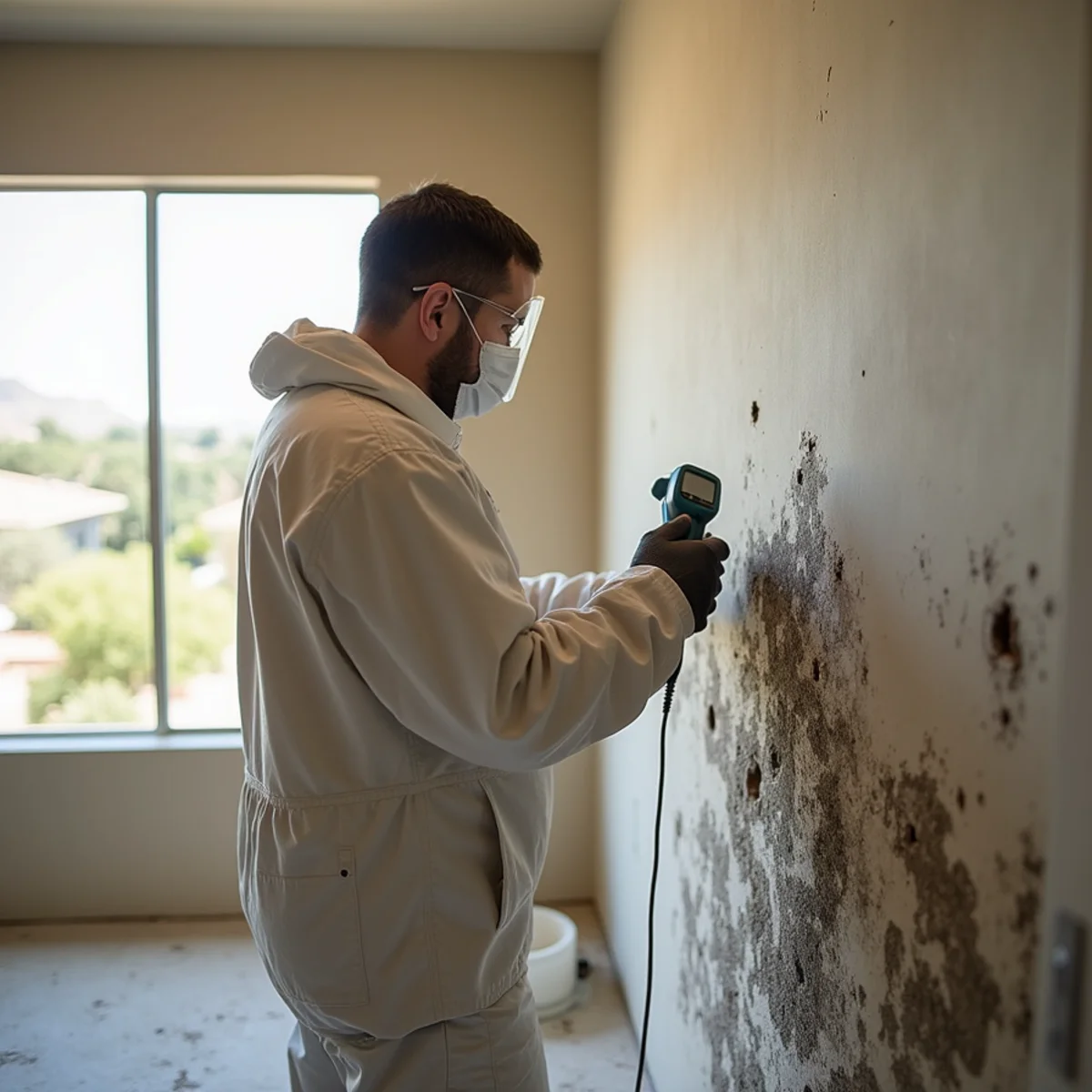Technician inspecting mold behind drywall in a Scottsdale, AZ home