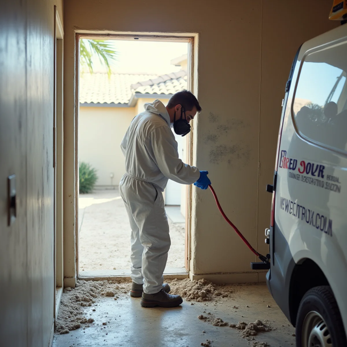 Certified technician in containment performing mold remediation in a Tempe, AZ home