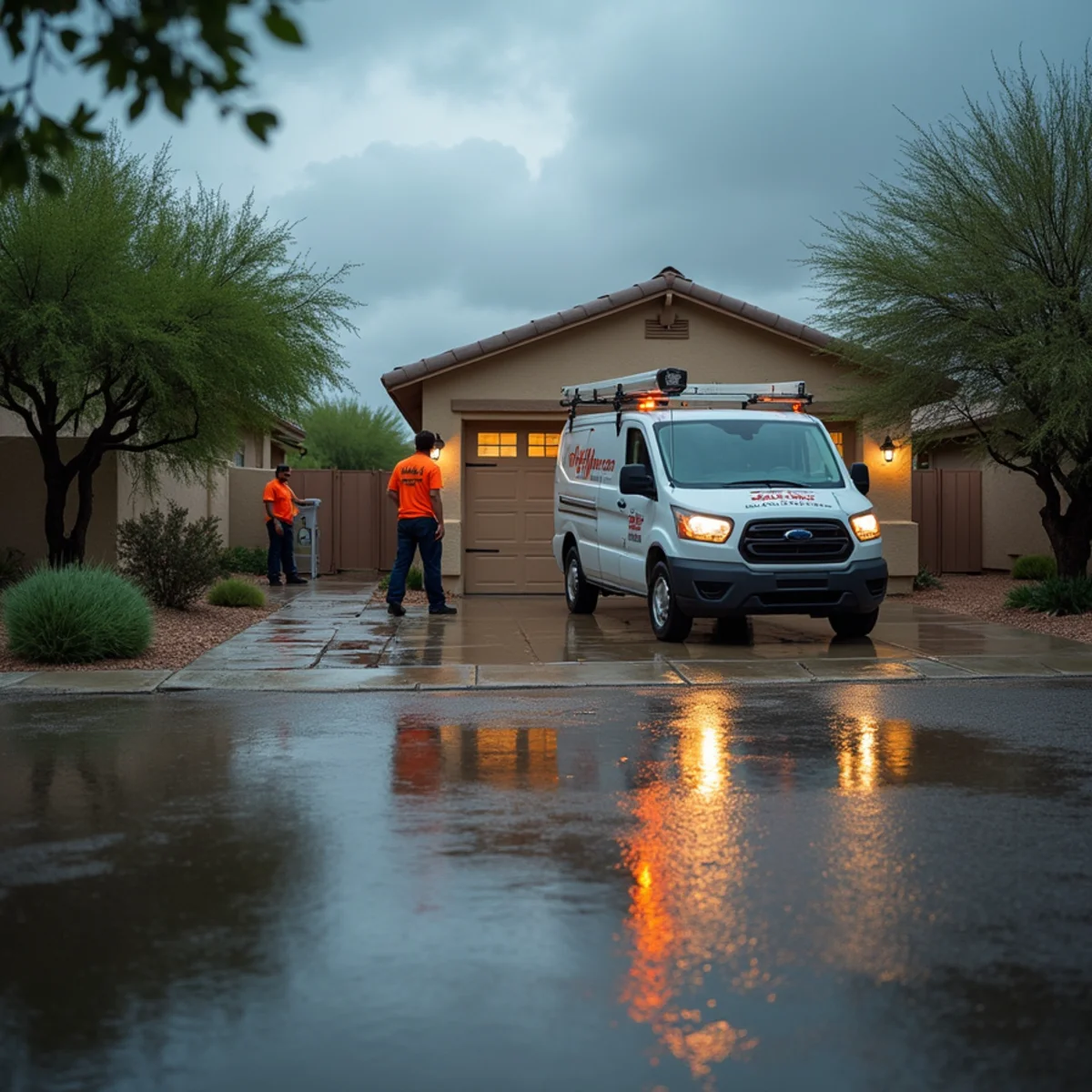 Sandbags stacked at a Tempe home's garage door during a monsoon flood warning