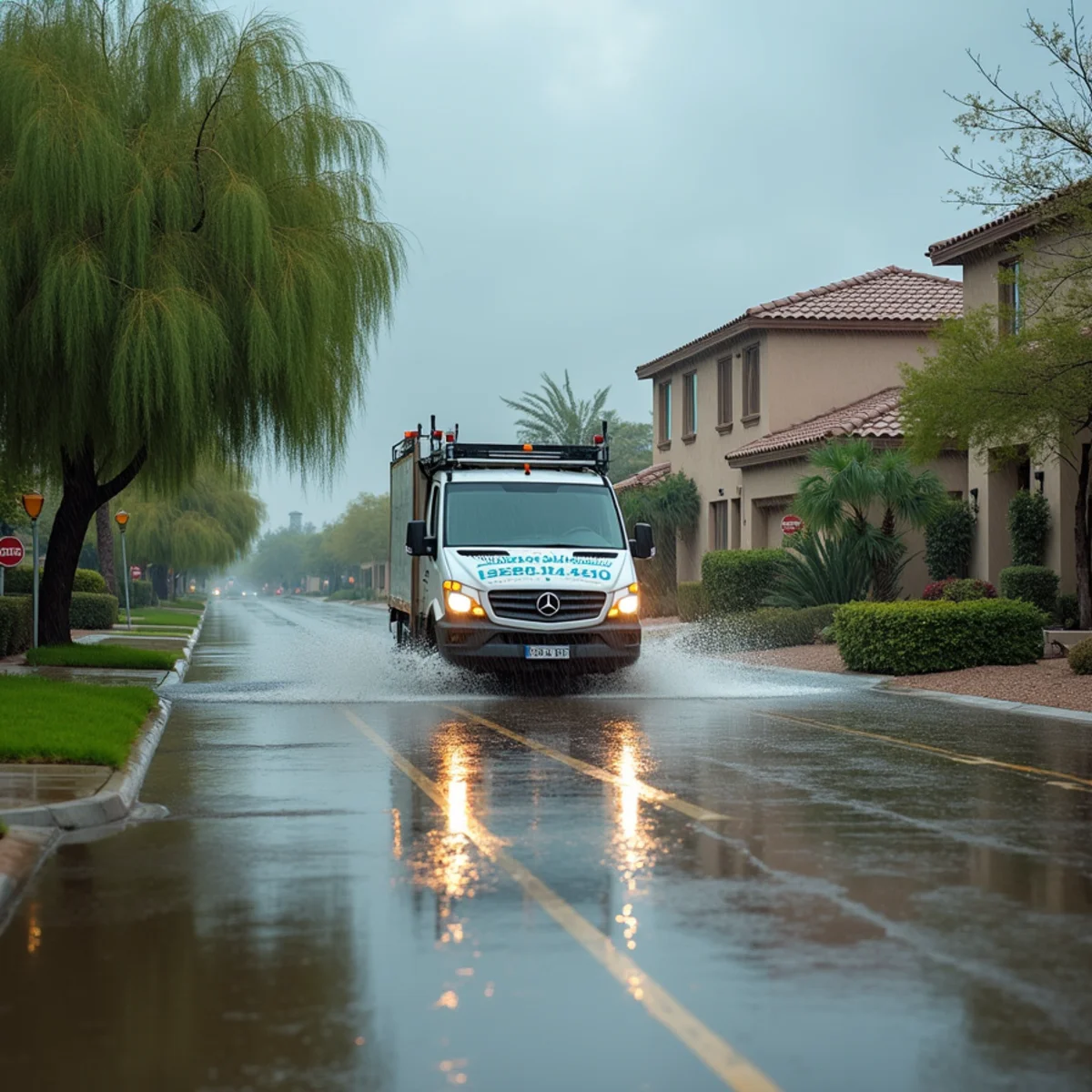 Crew pumping out monsoon storm flood water from a Tempe, AZ home at night