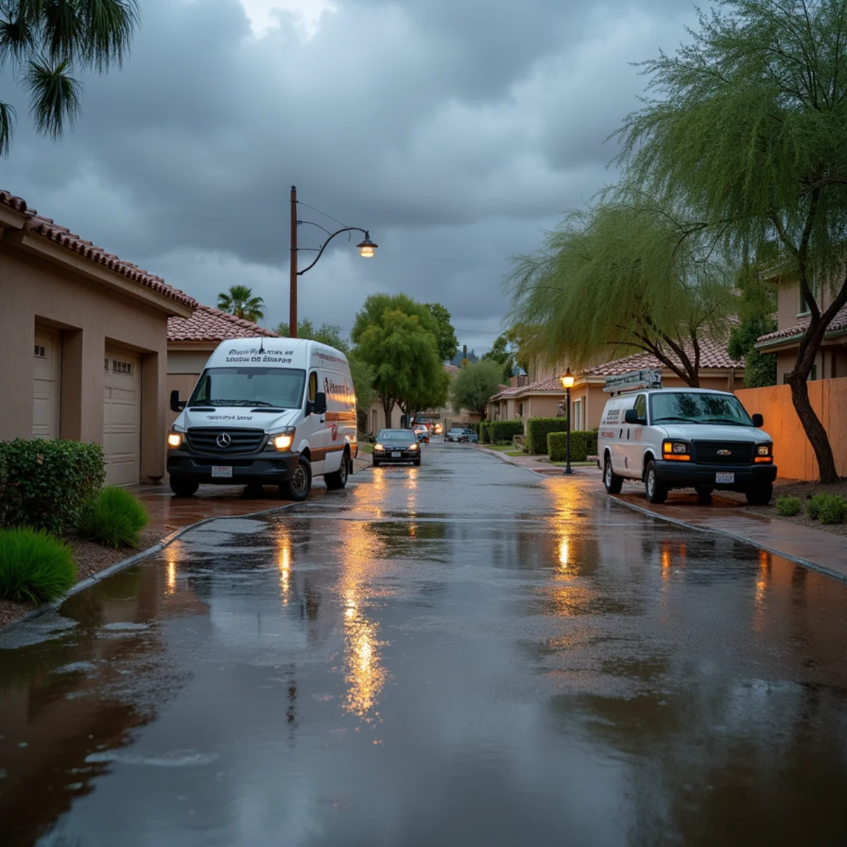 Flooded Tempe, AZ street after a record monsoon storm with water pooling against homes