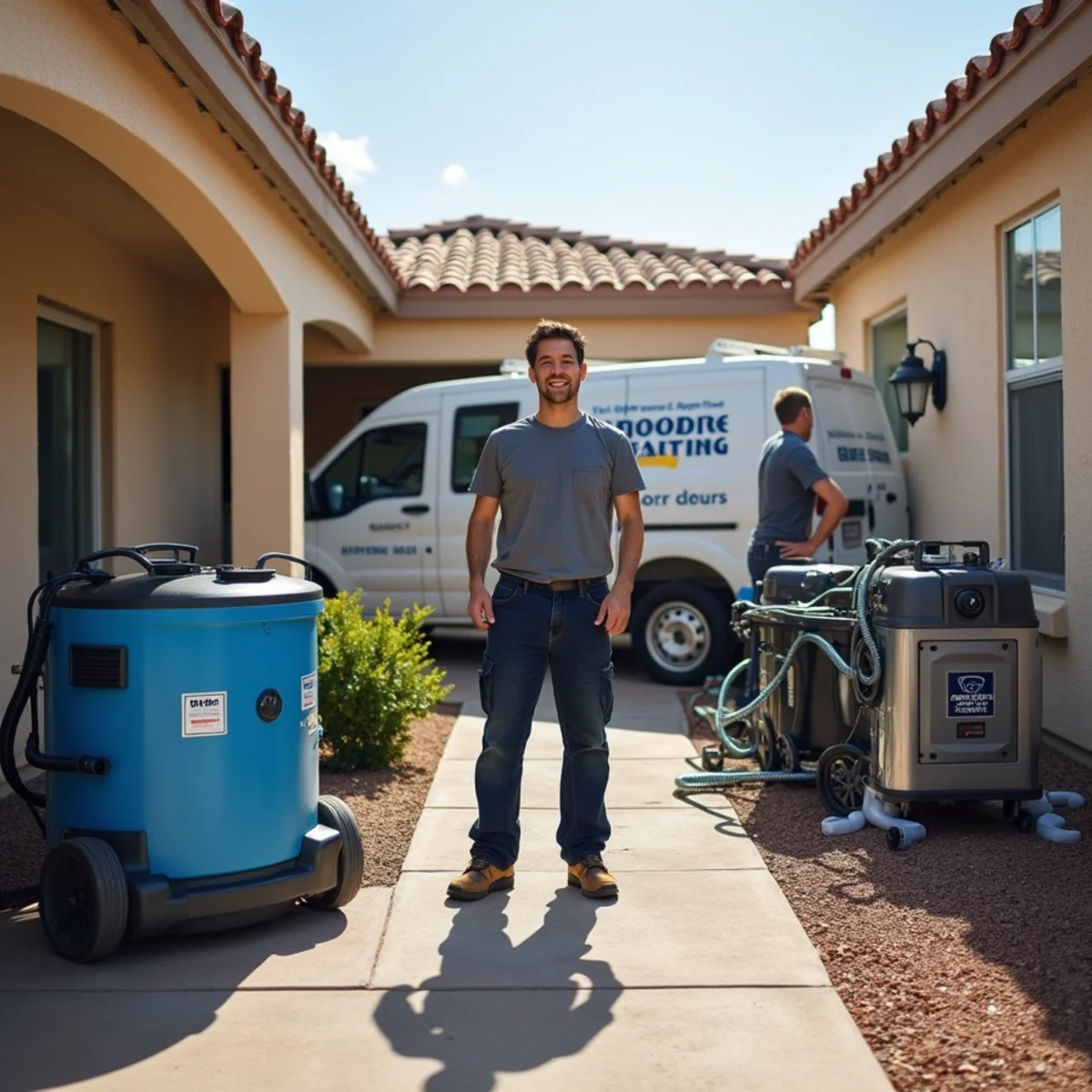 Water damage restoration technicians and equipment working in a Tempe, AZ home