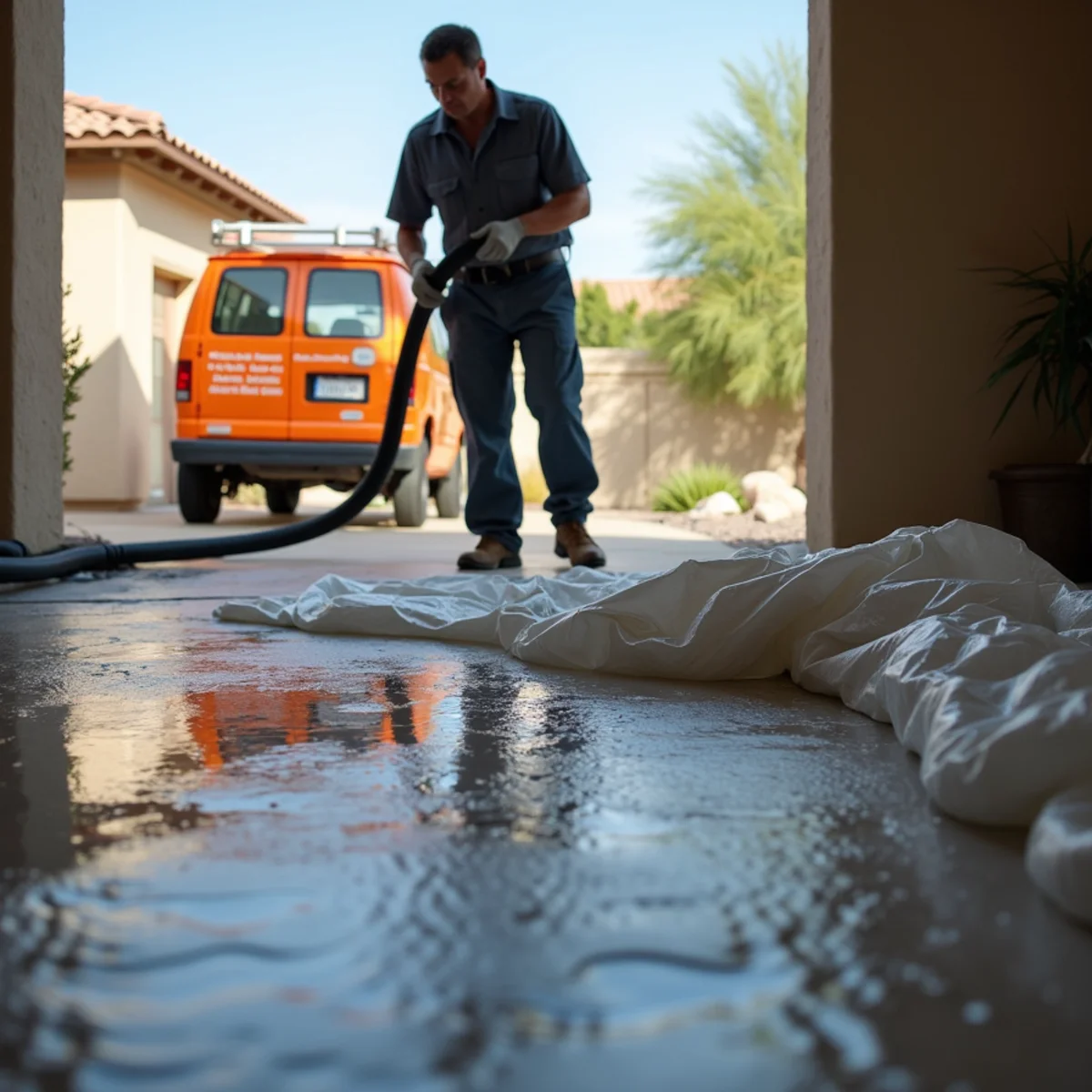 Sewage Backup Emergency in progress — a technician at work in a Tempe, AZ home