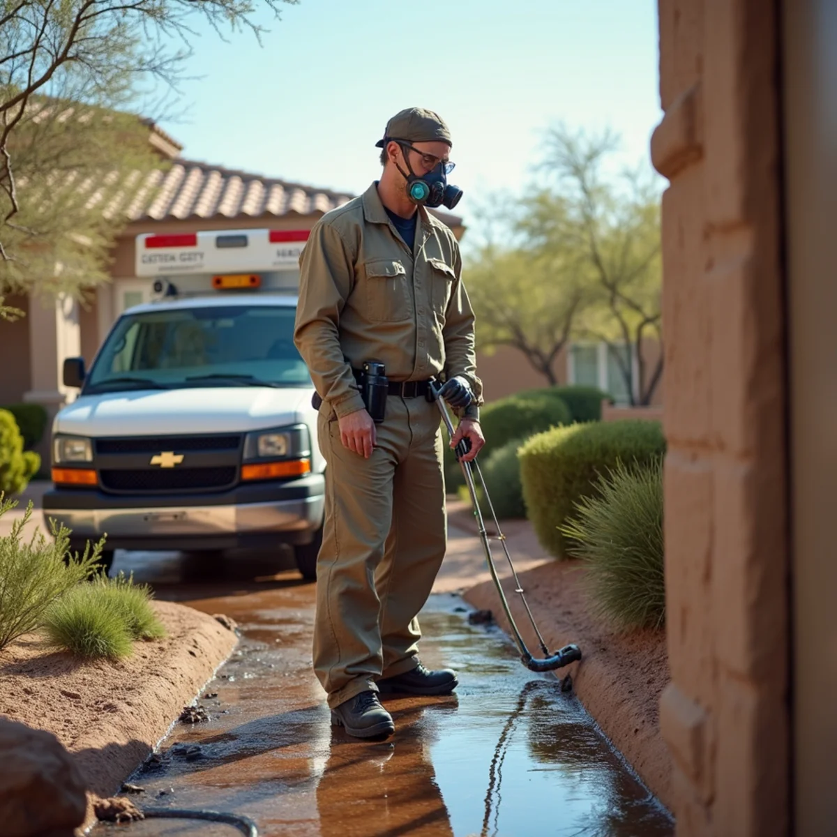 Technician in protective gear cleaning a Category 3 sewage backup in a Tempe, AZ home