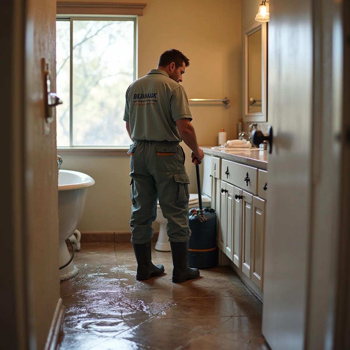 Technician in protective equipment performing Category 3 sewage cleanup in a Tempe, AZ home