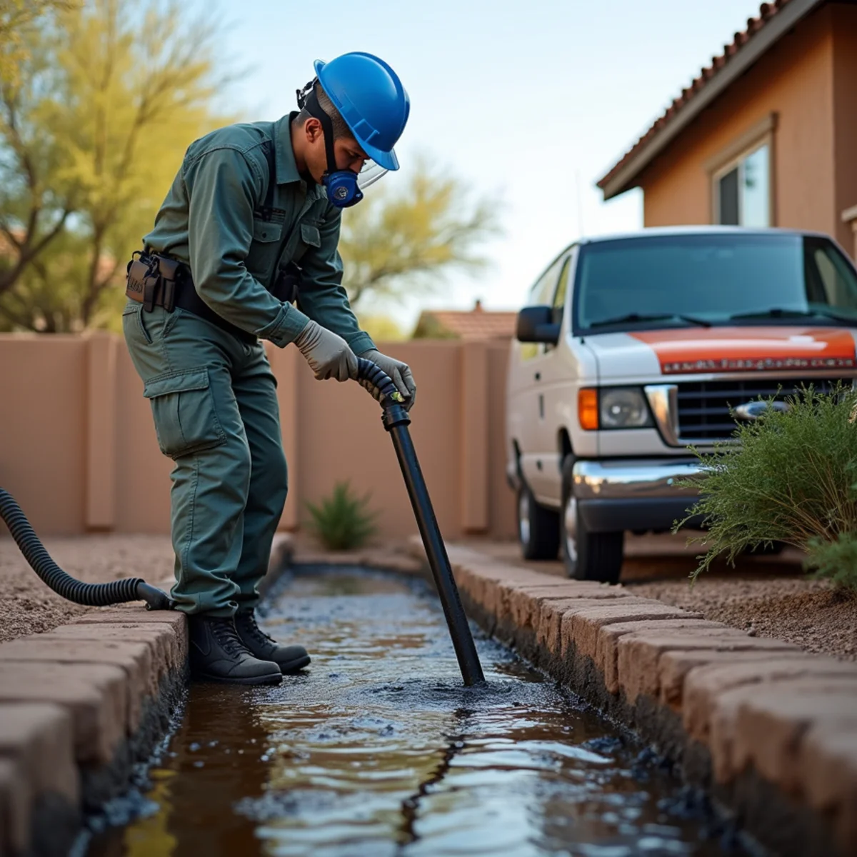 Technician sanitizing a sewage-affected area with protective equipment in a Tempe, AZ home