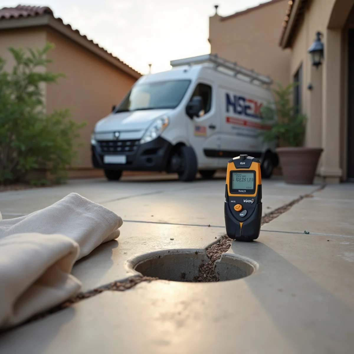 Slab Leak Water Damage in progress — a technician at work in a Tempe, AZ home