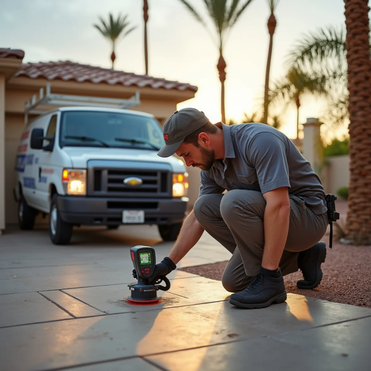 Technician drying a slab leak under tile flooring in a Tempe, AZ home