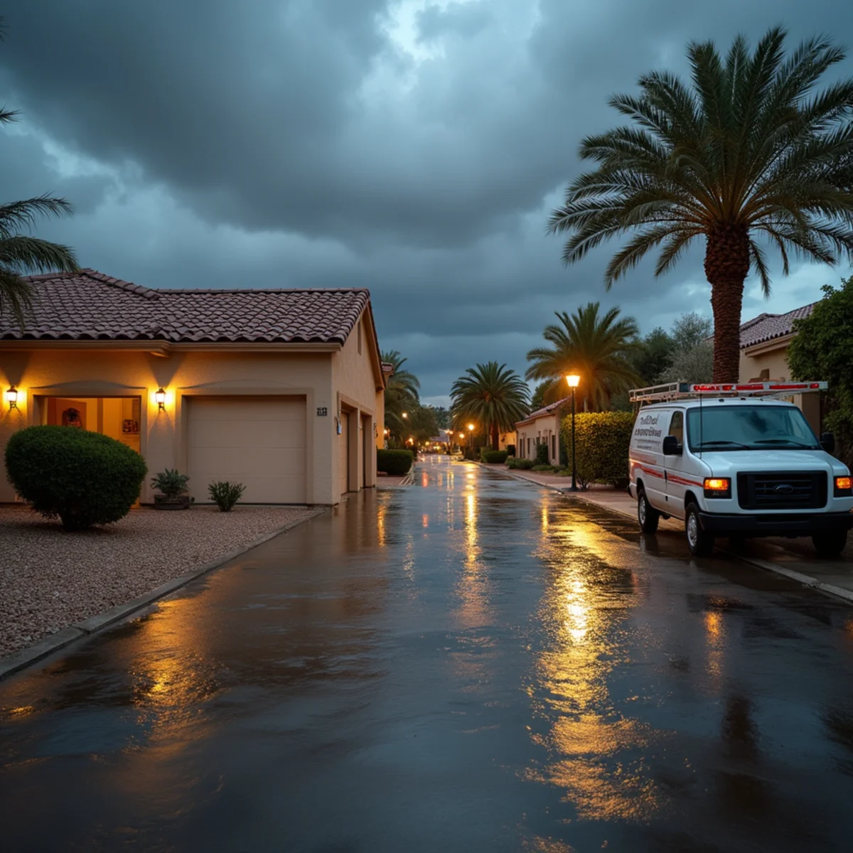 Flood-irrigated Tempe, AZ yard with standing water near a slab-on-grade home