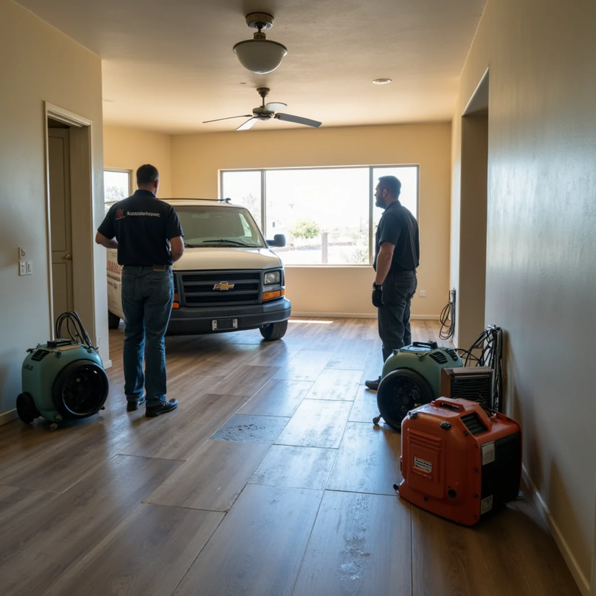Commercial air movers and dehumidifiers drying a water-damaged Tempe, AZ home