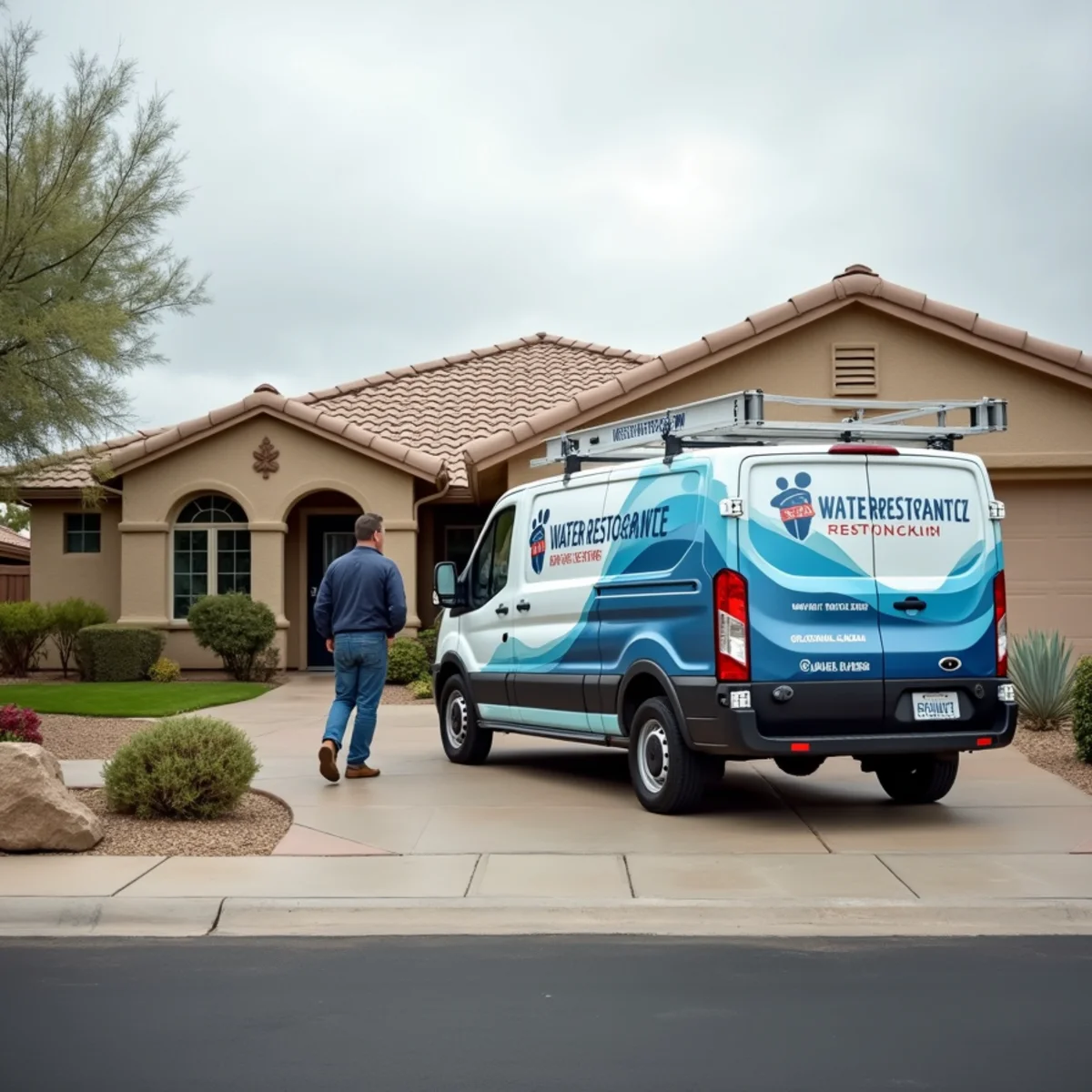 Water damage restoration equipment drying a garage water-heater leak in Sun City West, AZ