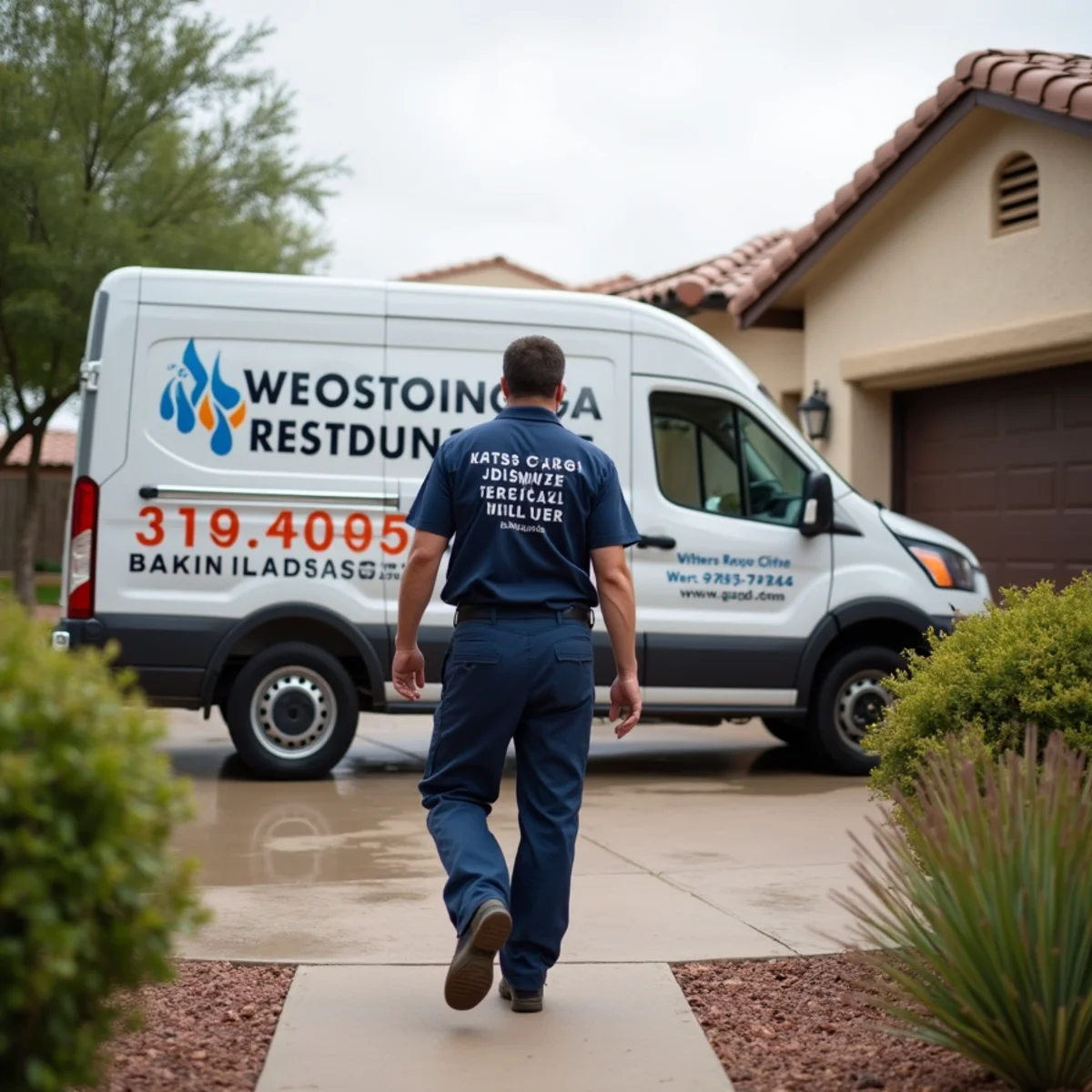 Water damage restoration truck serving a Tempe, AZ neighborhood near Mill Avenue