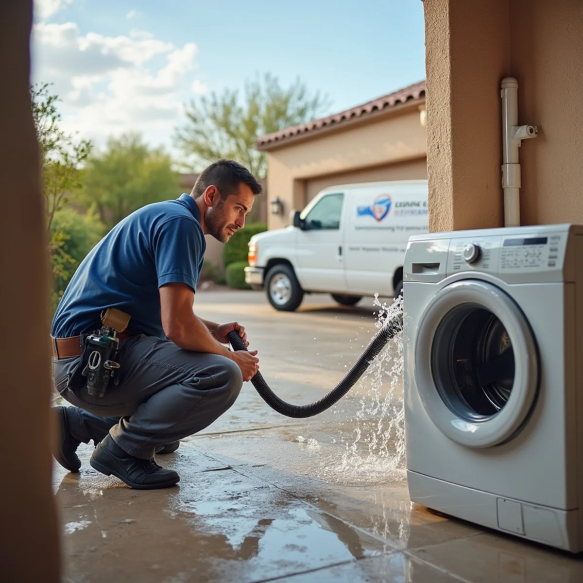 Burst rubber washing machine supply hose flooding a laundry room in a Tempe, AZ home