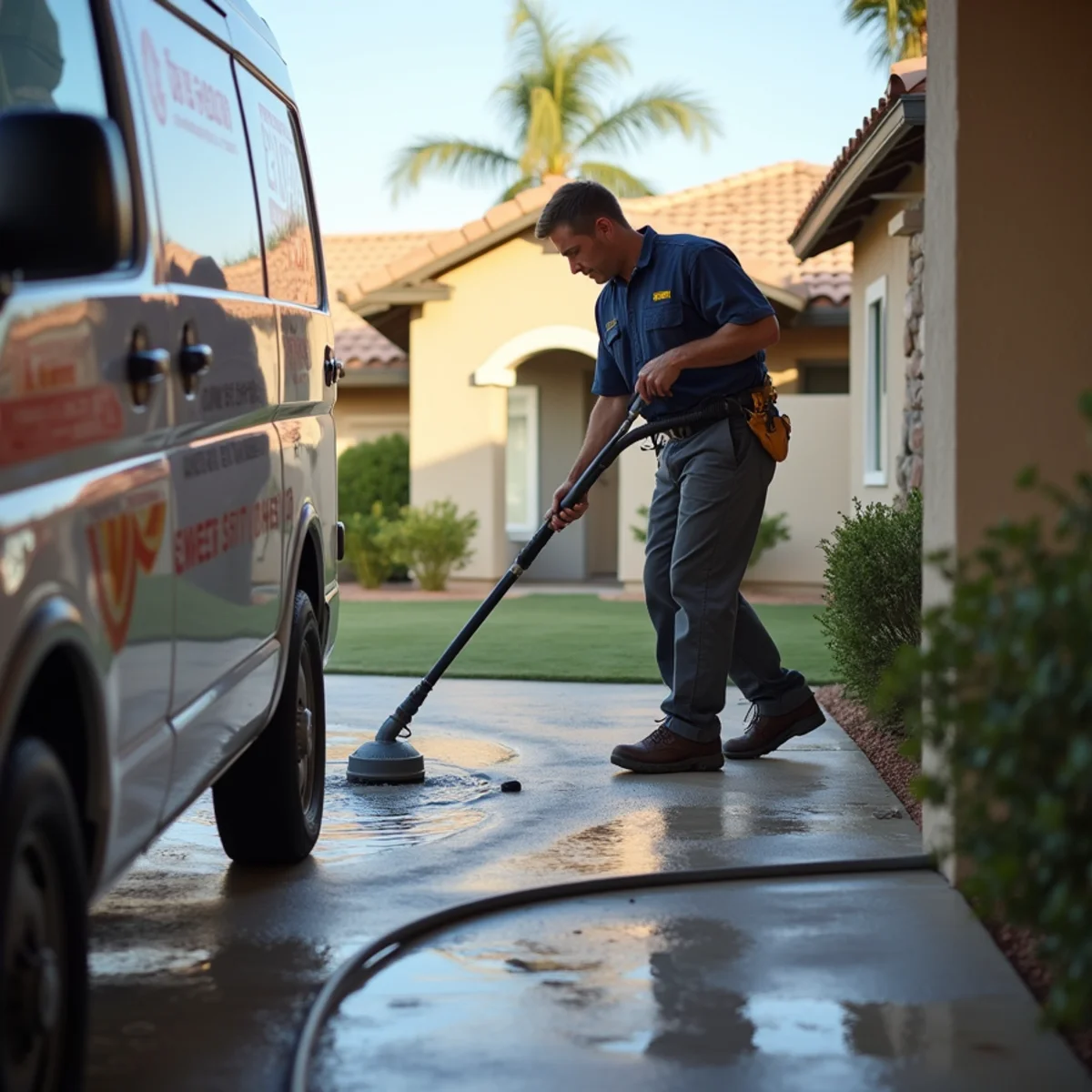 Truck-mounted water extraction removing standing water from a Tempe, AZ home