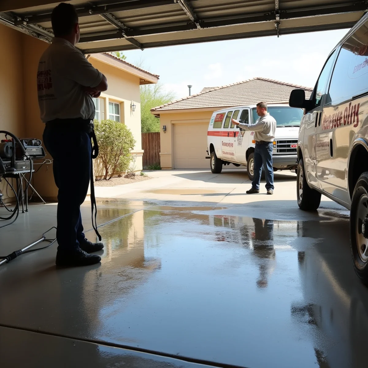 Burst water heater flooding a garage floor in a Tempe, AZ home