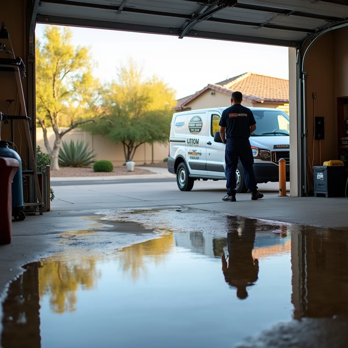 Draining and flushing a residential water heater in a Tempe, AZ garage to remove hard-water sediment