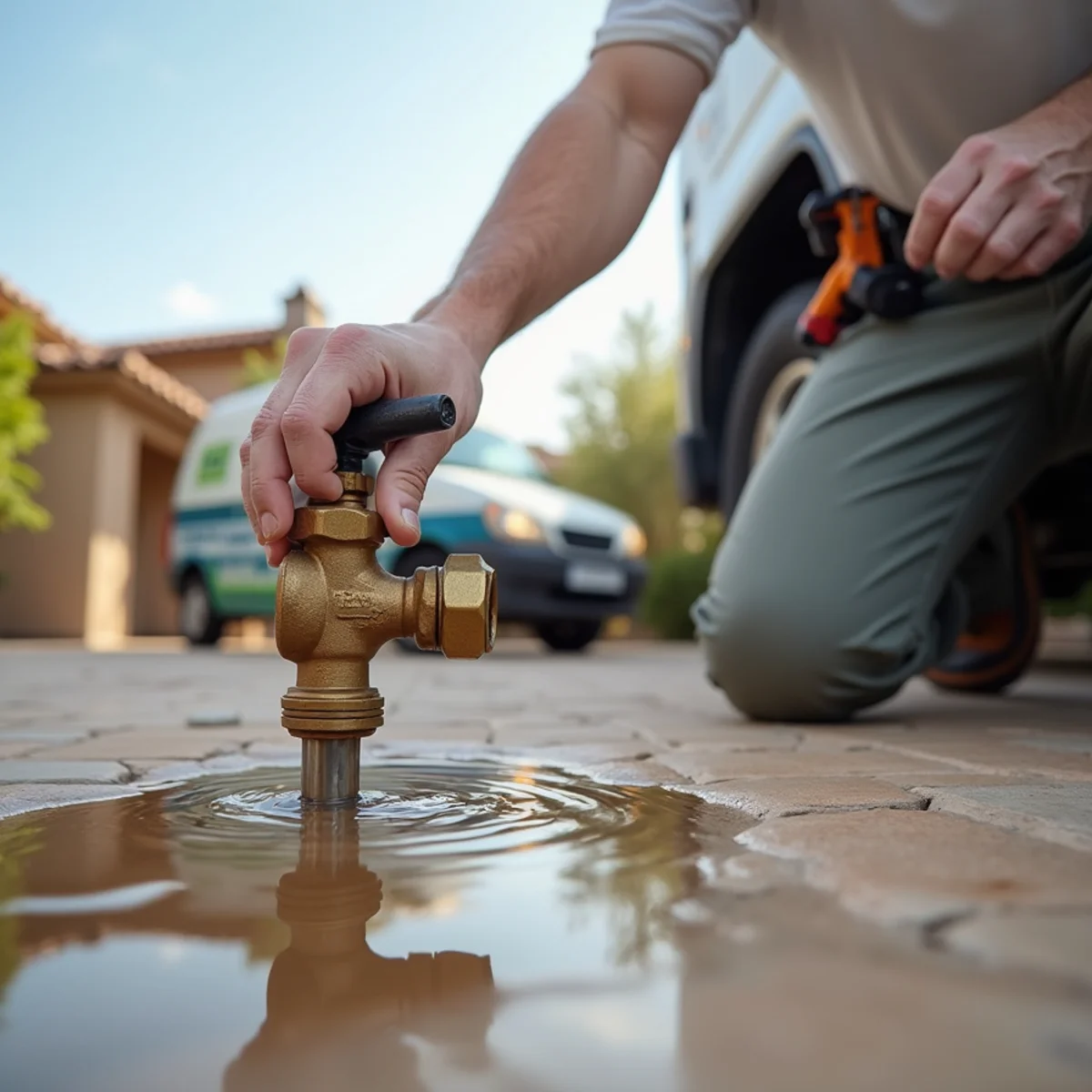 Homeowner shutting off the main water valve after a pipe burst in a Tempe, AZ home